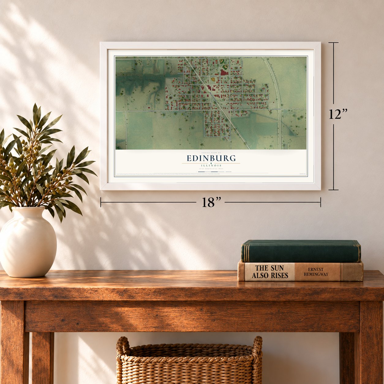 Edinburg, Illinois map, 12 x 18 inch print in a white frame in an entryway