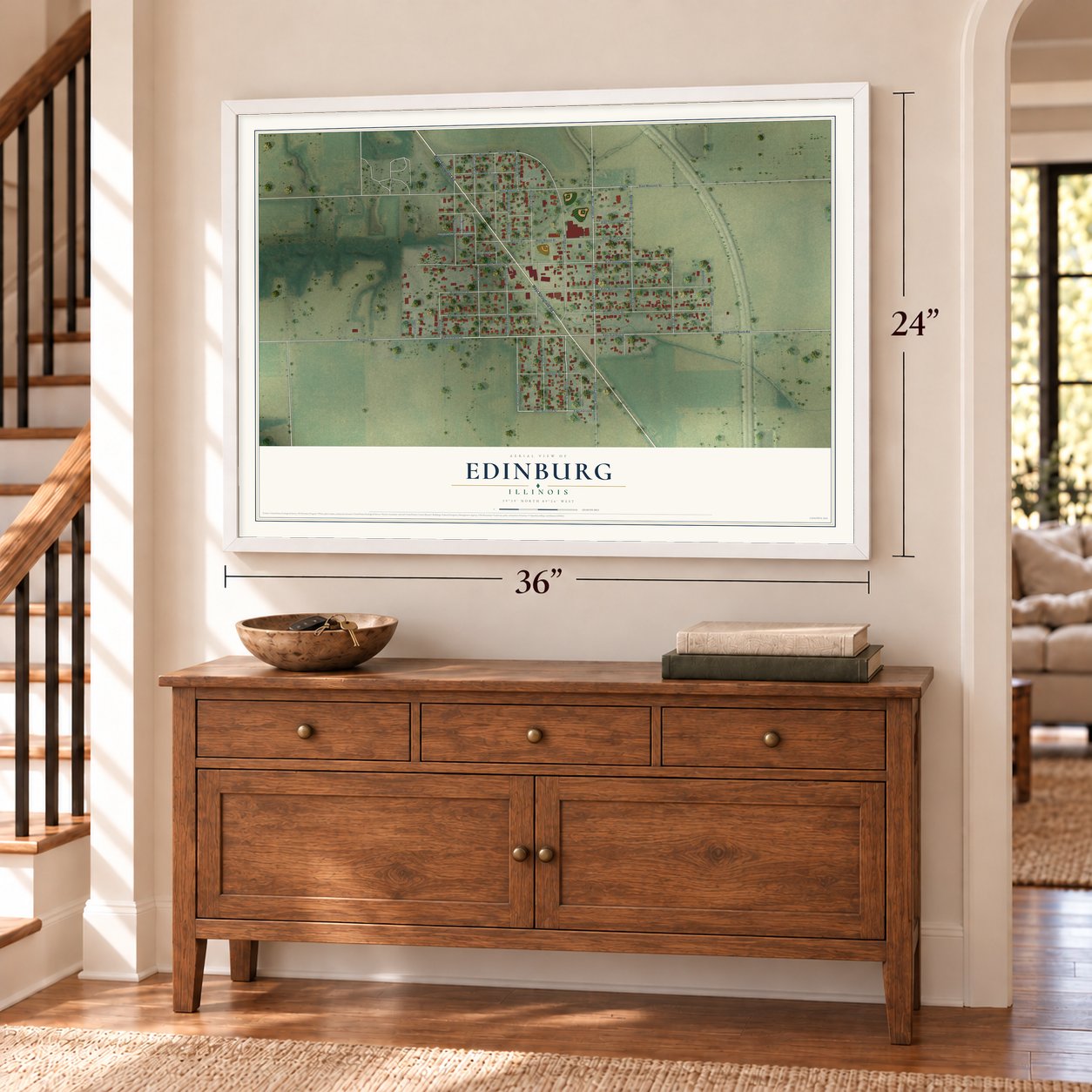Edinburg, Illinois map, 24 x 36 inch print in a white frame above a dresser by a staircase