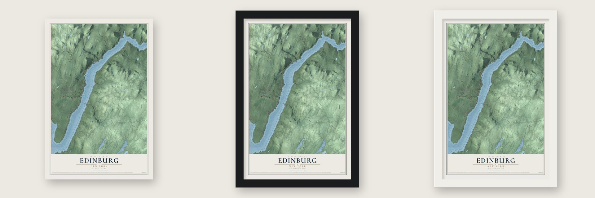 Edinburg, New York map unframed, in a black wood frame and in a white wood frame