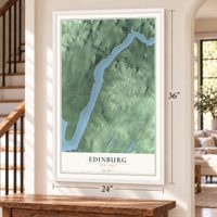 Edinburg, New York map, 24 x 36 inch print in a white frame by a staircase