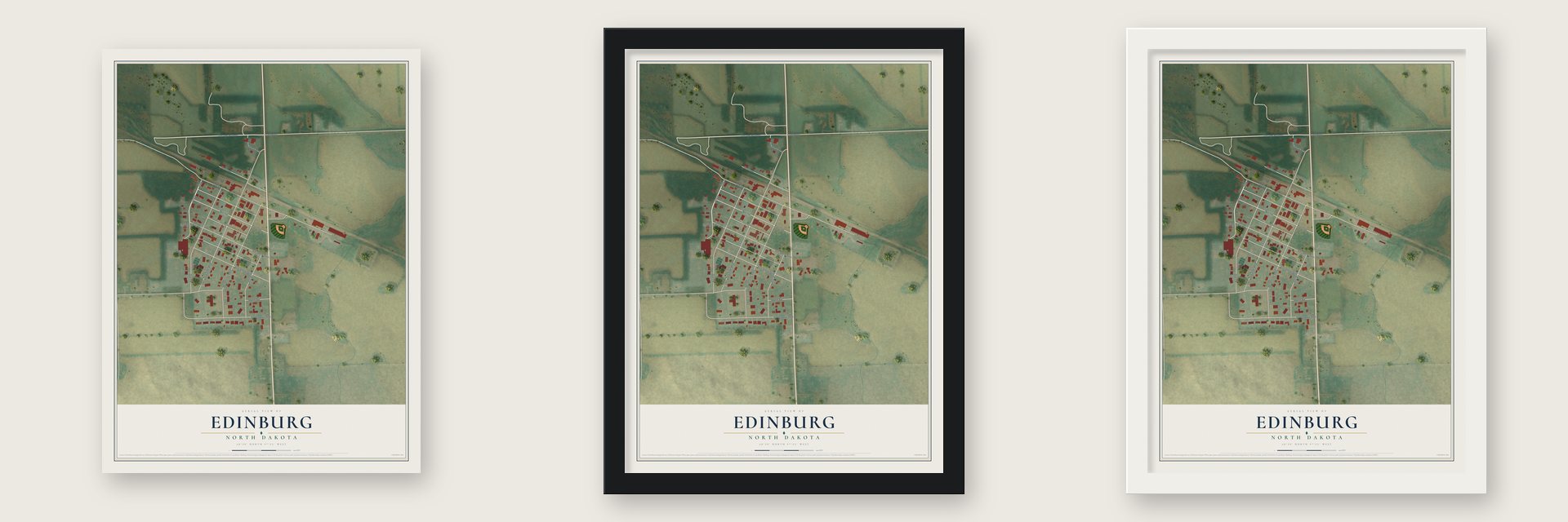 Edinburg, North Dakota map unframed, in a black wood frame and in a white wood frame