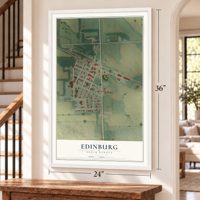 Edinburg, North Dakota map, 24 x 36 inch print in a white frame by a staircase