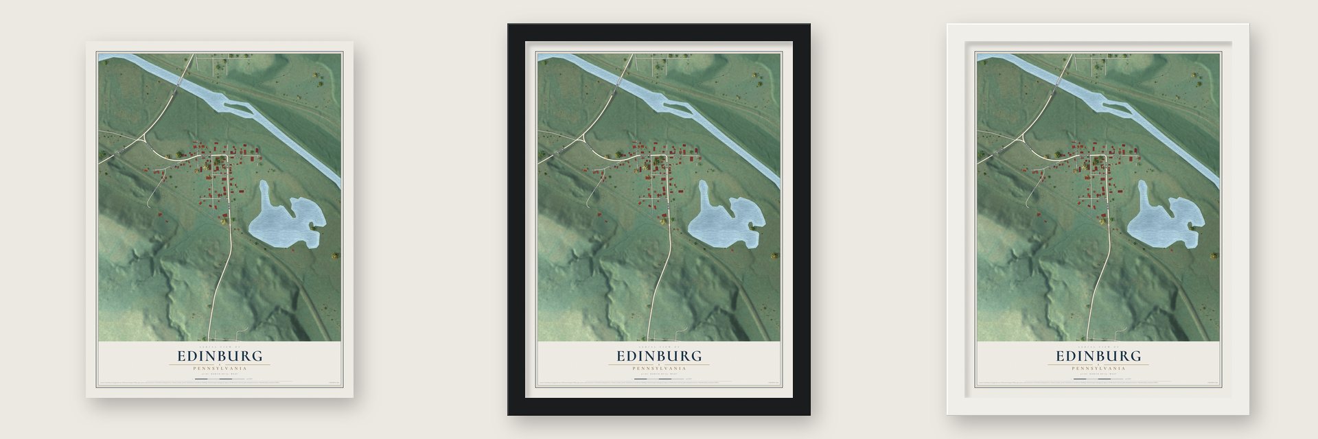 Edinburg, Pennsylvania map unframed, in a black wood frame and in a white wood frame