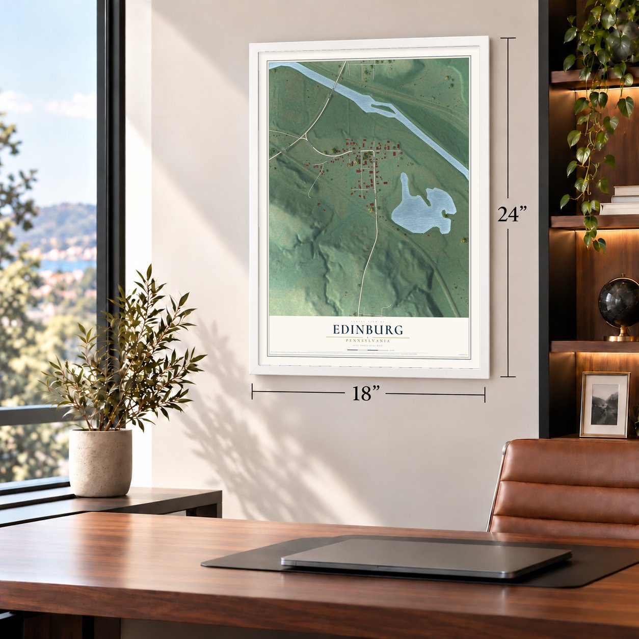 Edinburg, Pennsylvania map, 18 x 24 inch print in a white frame in a home office