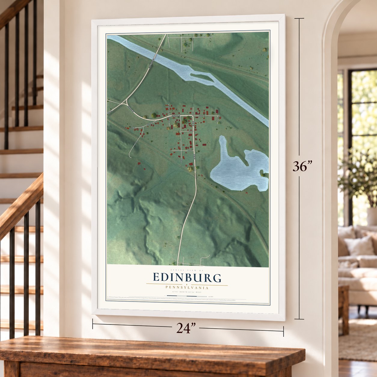Edinburg, Pennsylvania map, 24 x 36 inch print in a white frame by a staircase