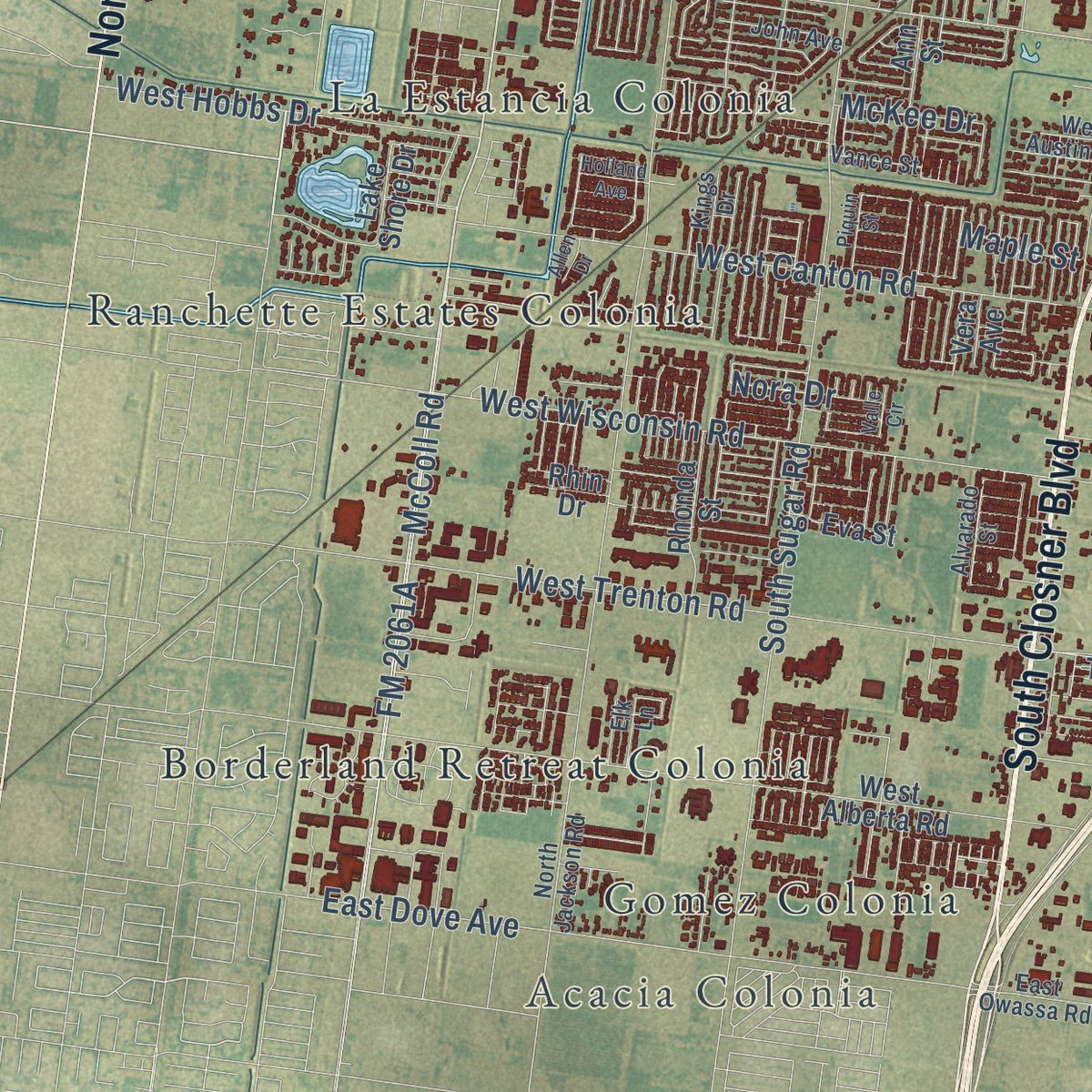 Second close-up of the map of Edinburg, Texas print showing more streets and buildings