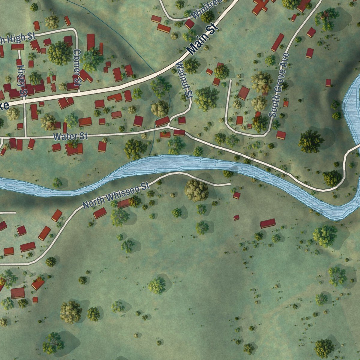 Second close-up of the map of Edinburg, Virginia print showing more streets and buildings