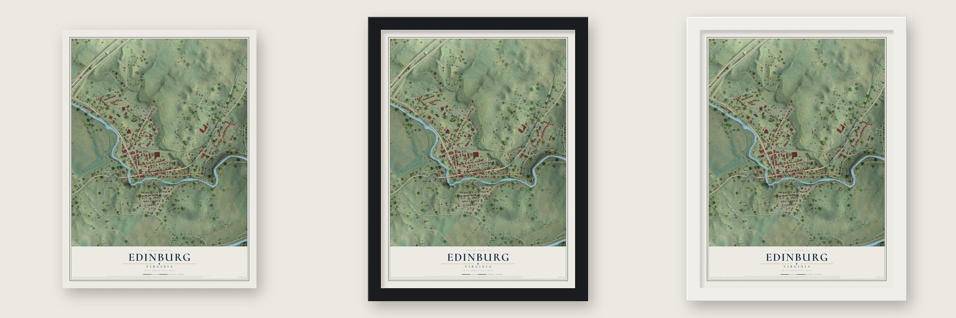Edinburg, Virginia map unframed, in a black wood frame and in a white wood frame
