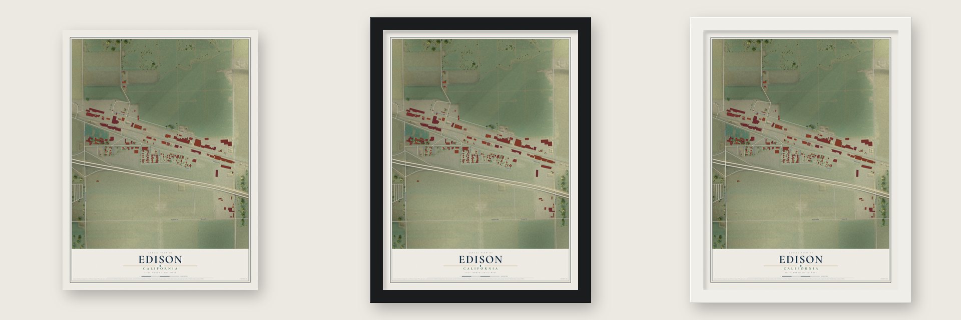 Edison, California map unframed, in a black wood frame and in a white wood frame
