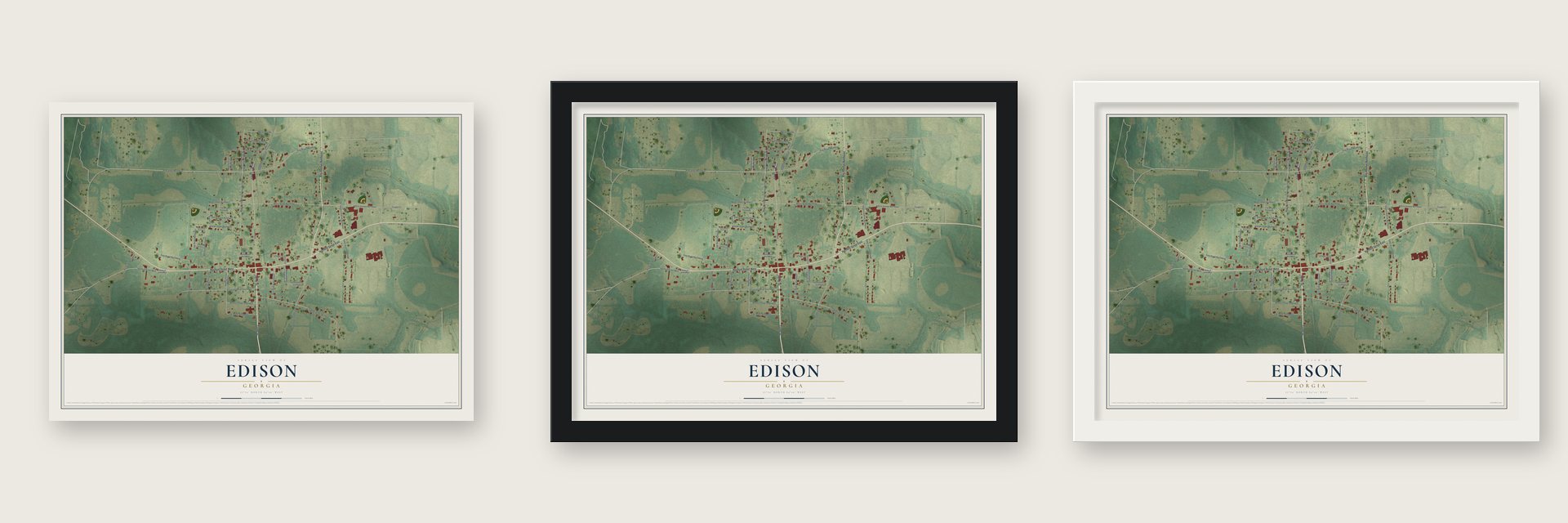 Edison, Georgia map unframed, in a black wood frame and in a white wood frame