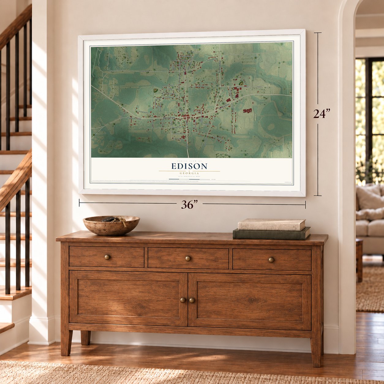 Edison, Georgia map, 24 x 36 inch print in a white frame above a dresser by a staircase