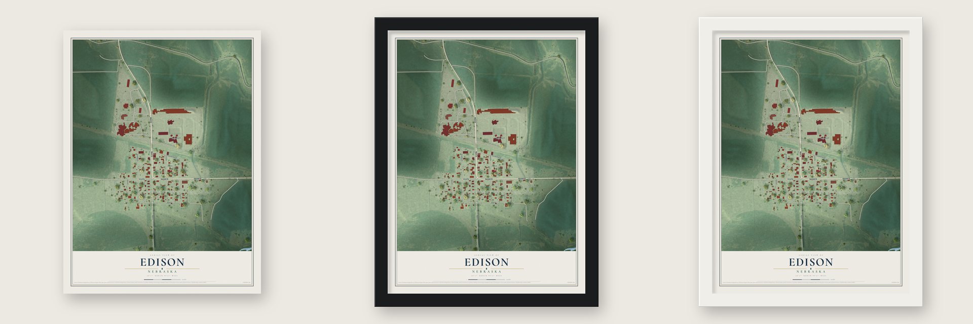 Edison, Nebraska map unframed, in a black wood frame and in a white wood frame