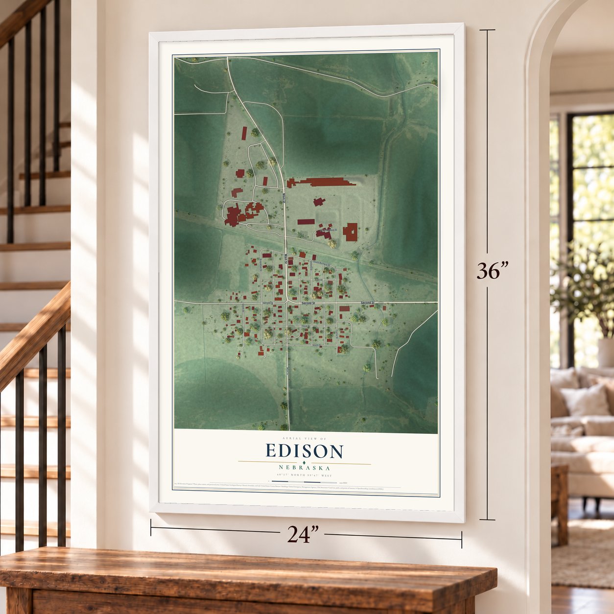 Edison, Nebraska map, 24 x 36 inch print in a white frame by a staircase