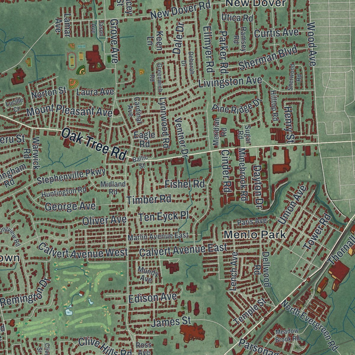 Second close-up of the map of Edison, New Jersey print showing more streets and buildings