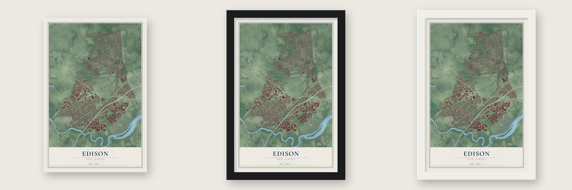 Edison, New Jersey map unframed, in a black wood frame and in a white wood frame