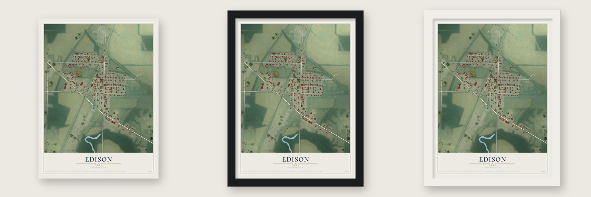 Edison, Ohio map unframed, in a black wood frame and in a white wood frame