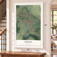 Edison, Ohio map, 24 x 36 inch print in a white frame by a staircase