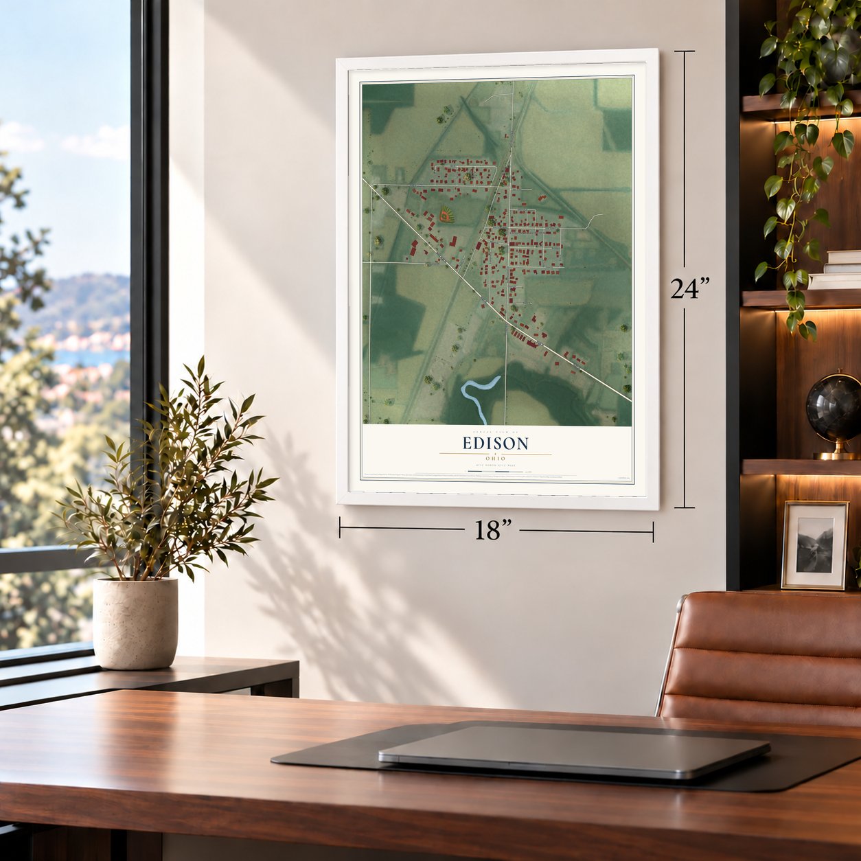 Edison, Ohio map, 18 x 24 inch print in a white frame in a home office