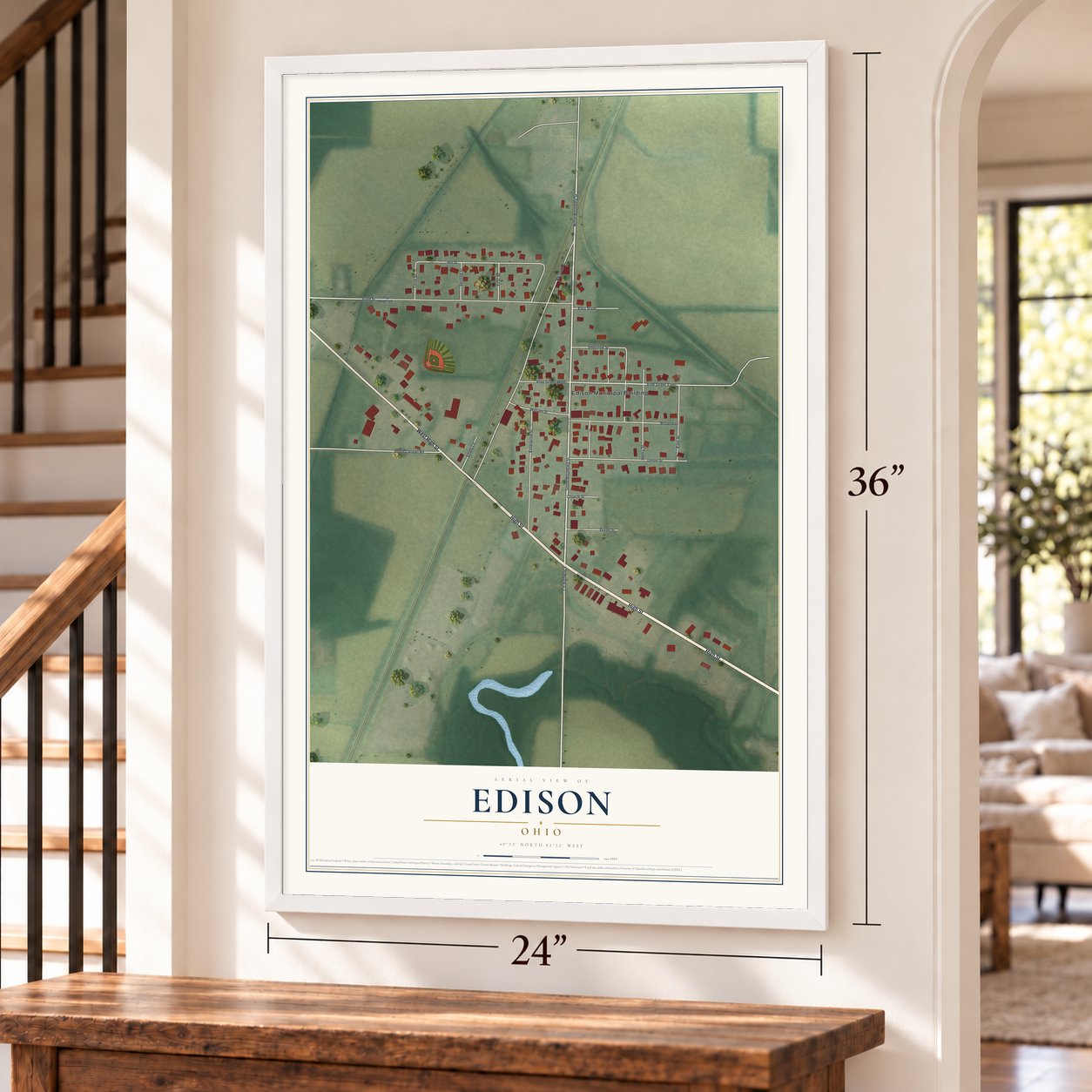 Edison, Ohio map, 24 x 36 inch print in a white frame by a staircase