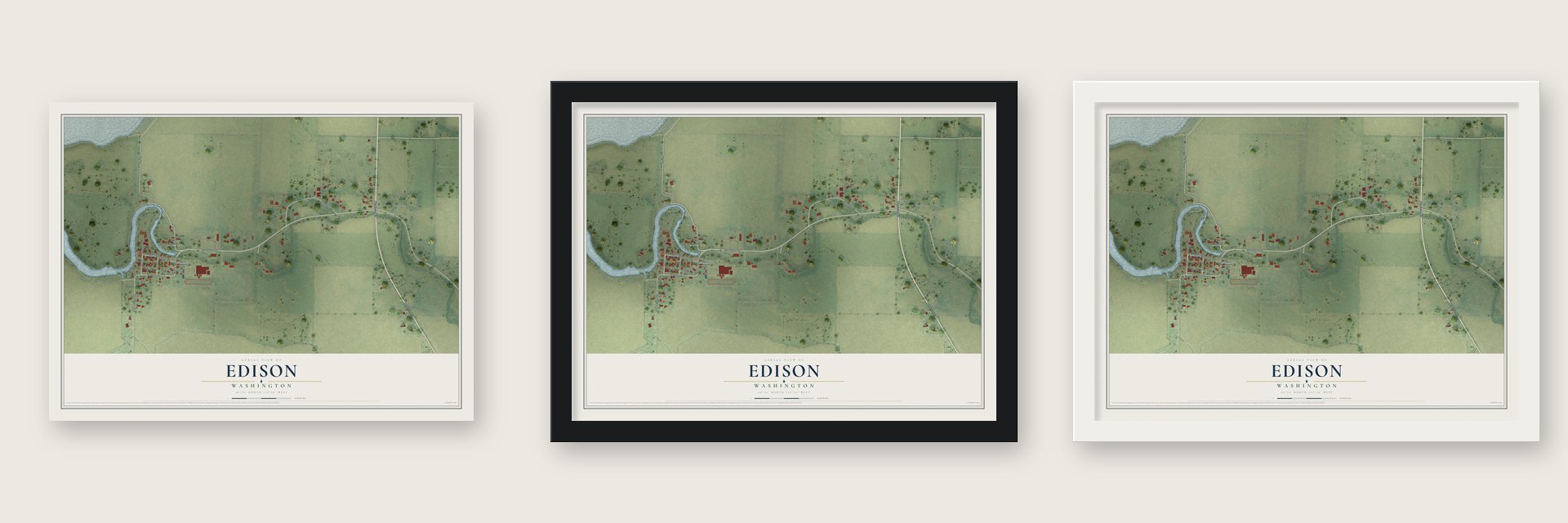 Edison, Washington map unframed, in a black wood frame and in a white wood frame