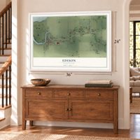 Edison, Washington map, 24 x 36 inch print in a white frame above a dresser by a staircase