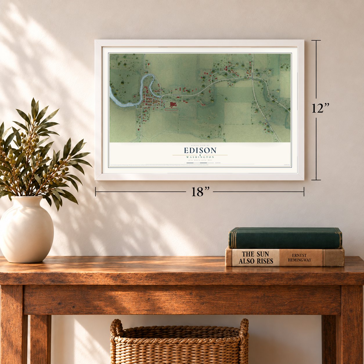 Edison, Washington map, 12 x 18 inch print in a white frame in an entryway