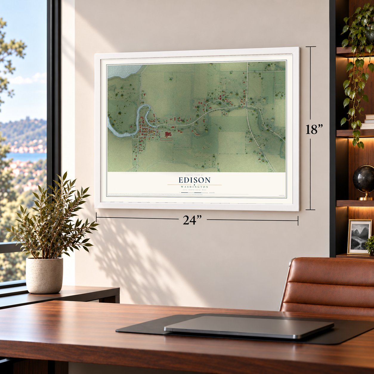 Edison, Washington map, 18 x 24 inch print in a white frame in a home office