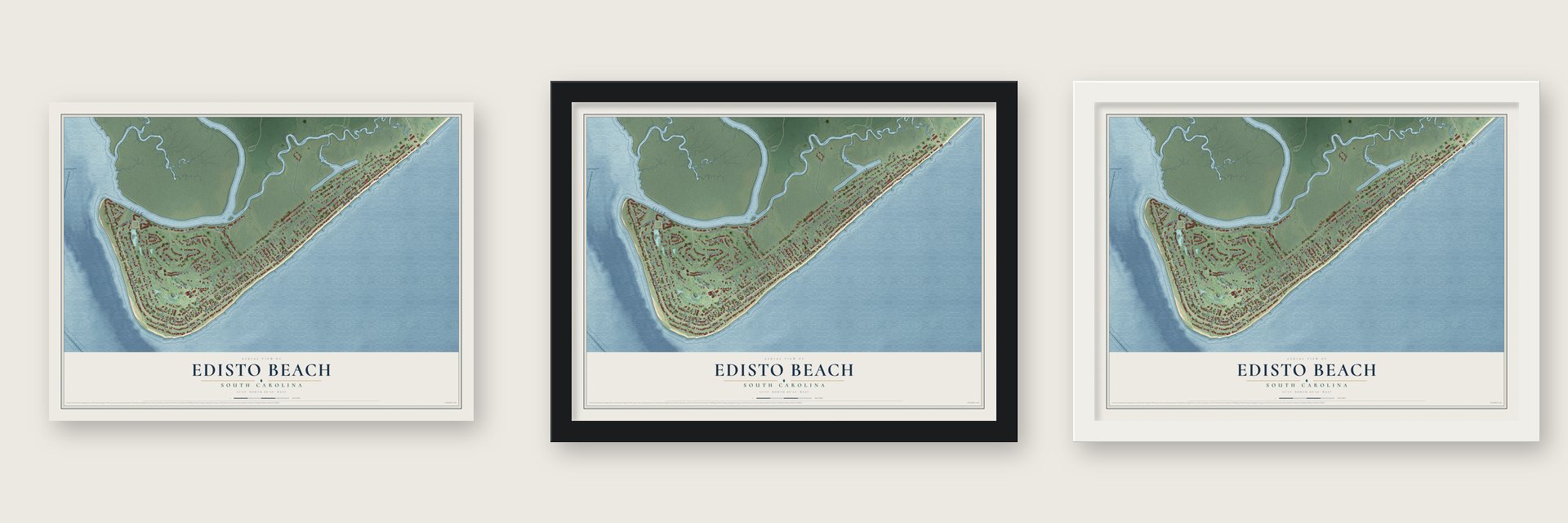 Edisto Beach, South Carolina map unframed, in a black wood frame and in a white wood frame