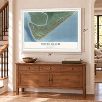 Edisto Beach, South Carolina map, 24 x 36 inch print in a white frame above a dresser by a staircase