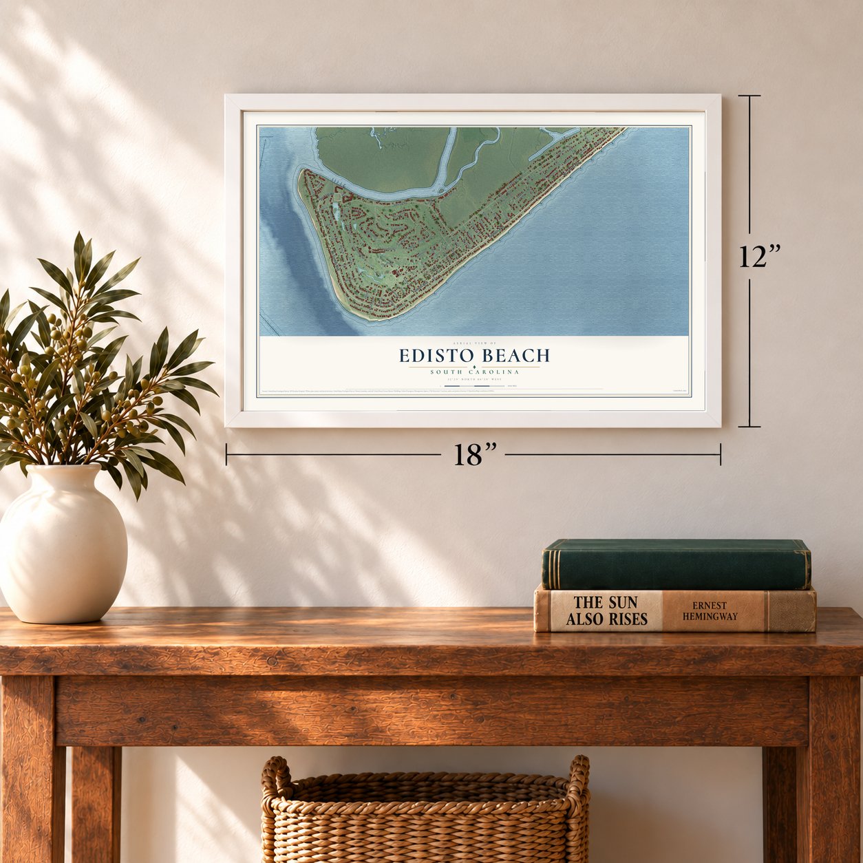 Edisto Beach, South Carolina map, 12 x 18 inch print in a white frame in an entryway
