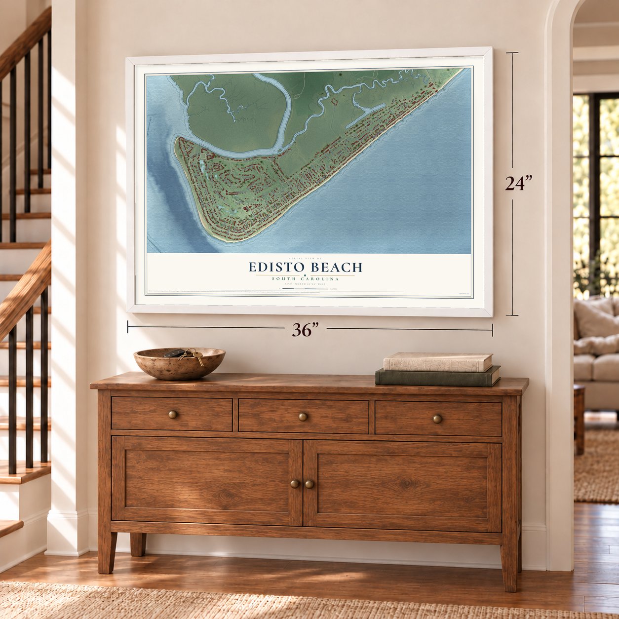 Edisto Beach, South Carolina map, 24 x 36 inch print in a white frame above a dresser by a staircase