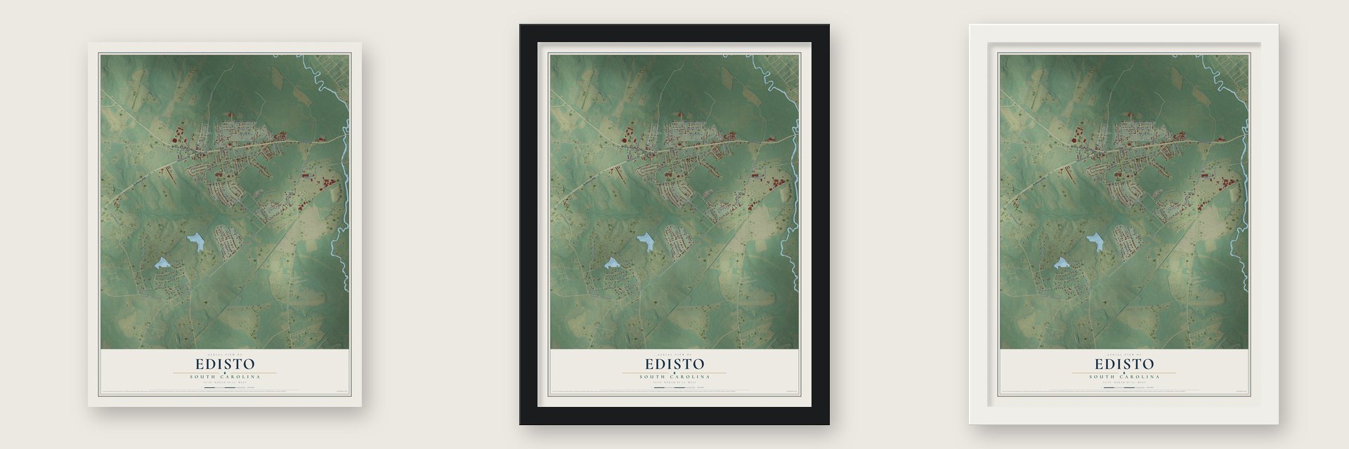 Edisto, South Carolina map unframed, in a black wood frame and in a white wood frame