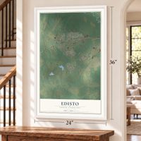 Edisto, South Carolina map, 24 x 36 inch print in a white frame by a staircase