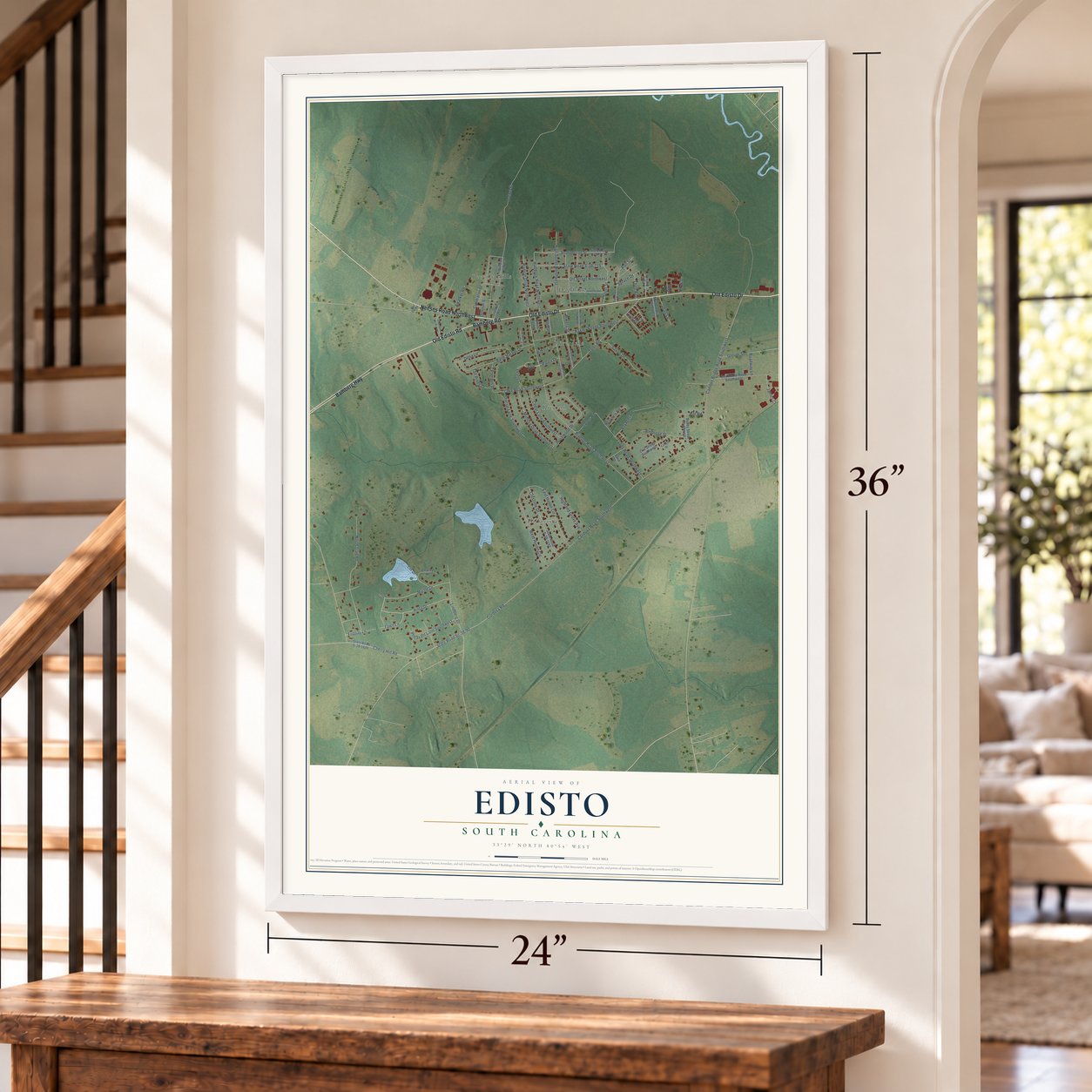 Edisto, South Carolina map, 24 x 36 inch print in a white frame by a staircase