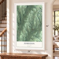 Edmeston, New York map, 24 x 36 inch print in a white frame by a staircase