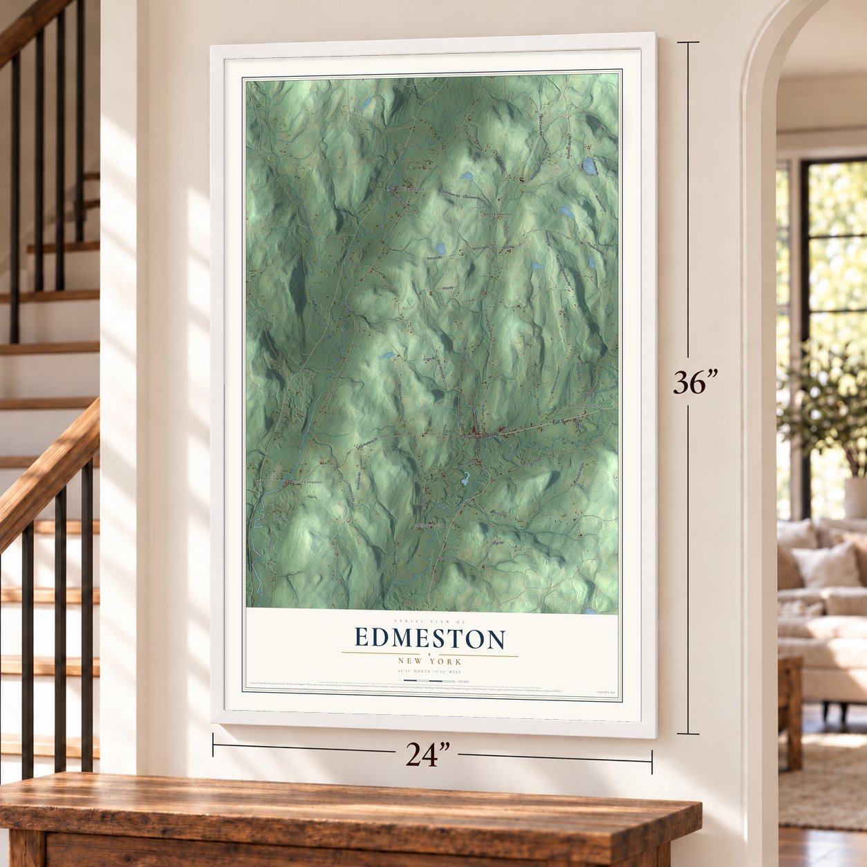 Edmeston, New York map, 24 x 36 inch print in a white frame by a staircase