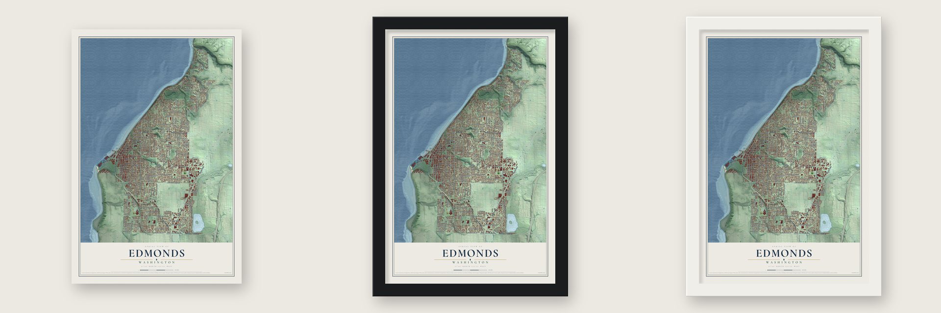 Edmonds, Washington map unframed, in a black wood frame and in a white wood frame
