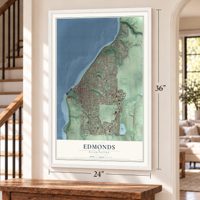 Edmonds, Washington map, 24 x 36 inch print in a white frame by a staircase