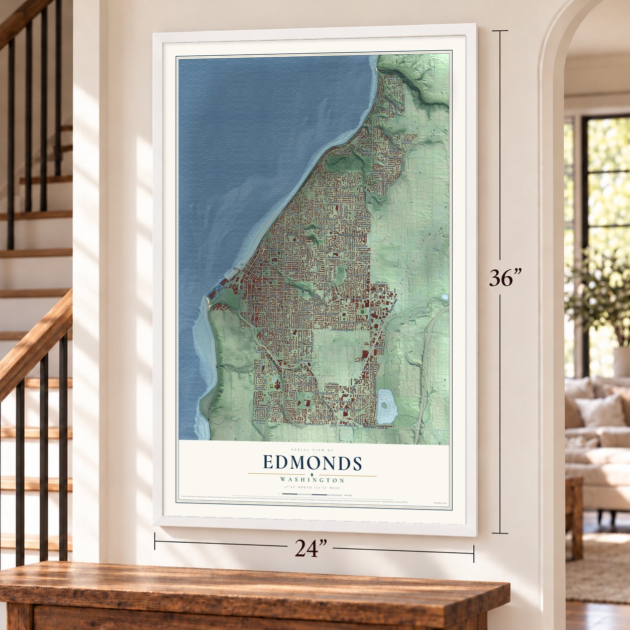 Edmonds, Washington map, 24 x 36 inch print in a white frame by a staircase
