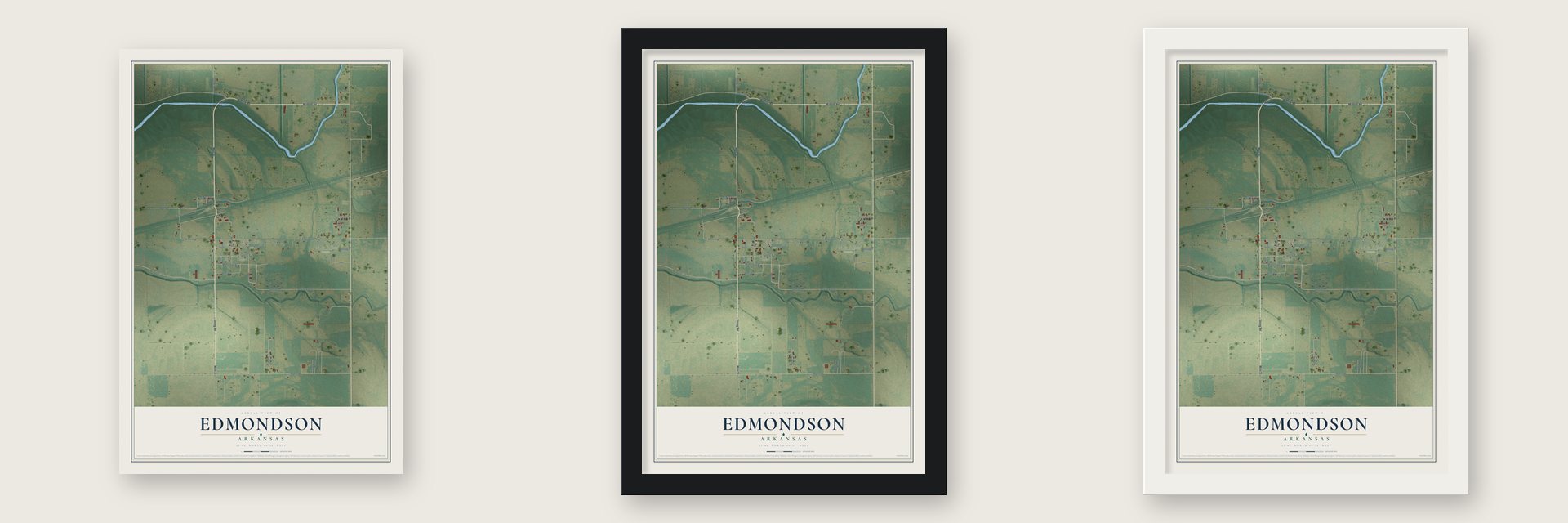 Edmondson, Arkansas map unframed, in a black wood frame and in a white wood frame