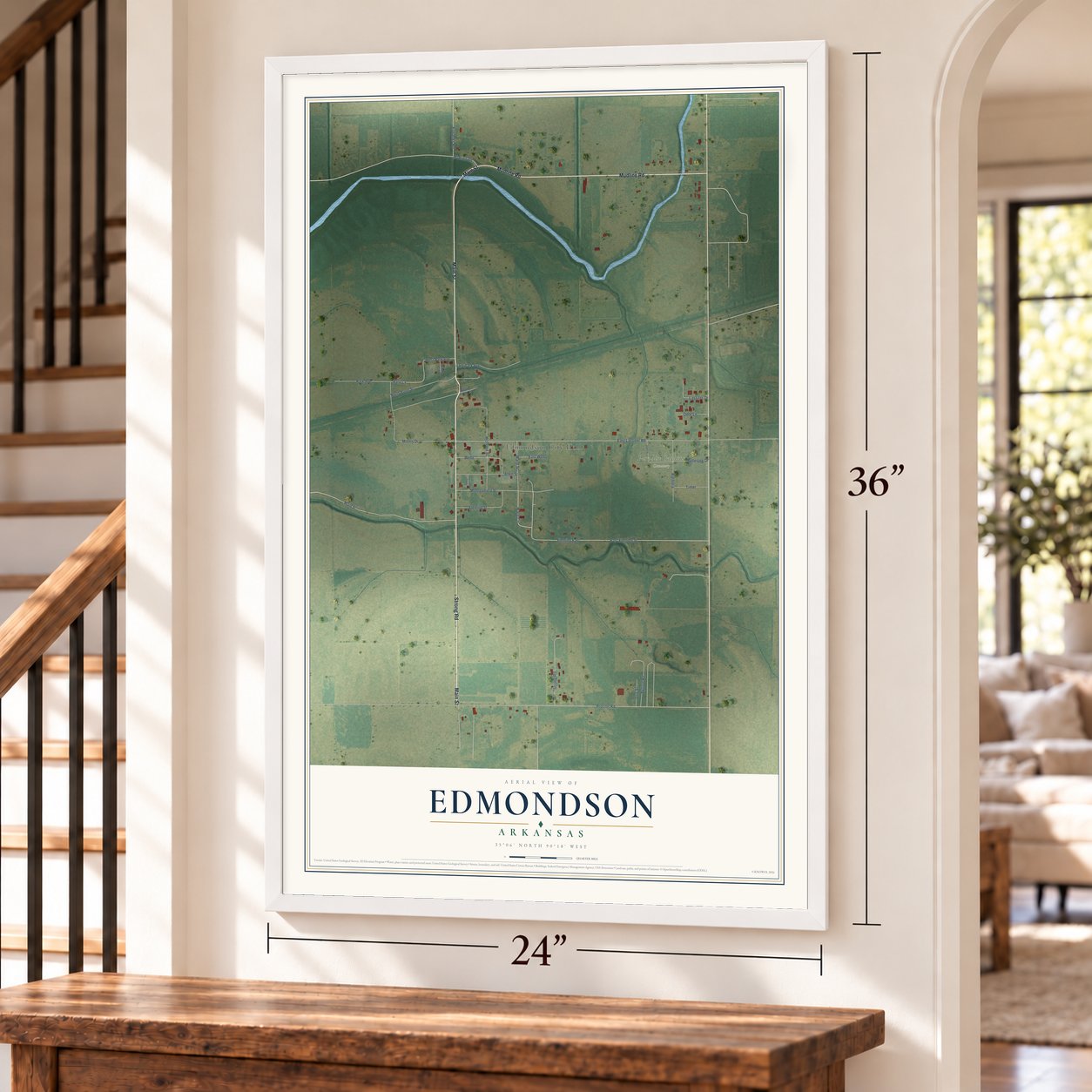 Edmondson, Arkansas map, 24 x 36 inch print in a white frame by a staircase