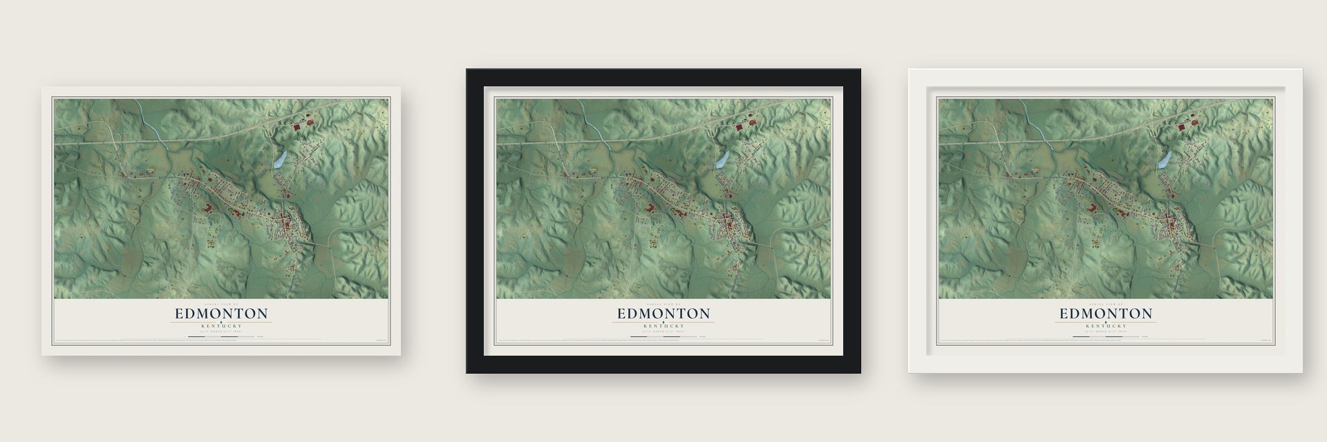 Edmonton, Kentucky map unframed, in a black wood frame and in a white wood frame