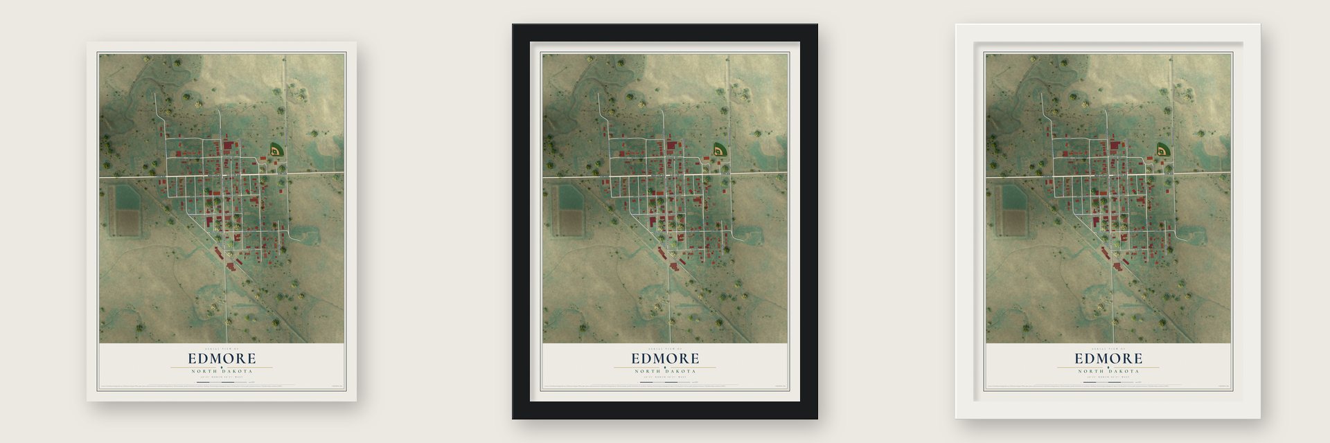 Edmore, North Dakota map unframed, in a black wood frame and in a white wood frame