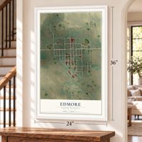 Edmore, North Dakota map, 24 x 36 inch print in a white frame by a staircase
