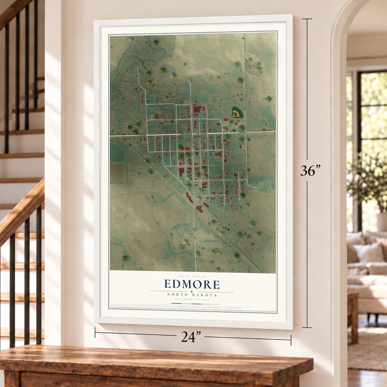 Edmore, North Dakota map, 24 x 36 inch print in a white frame by a staircase