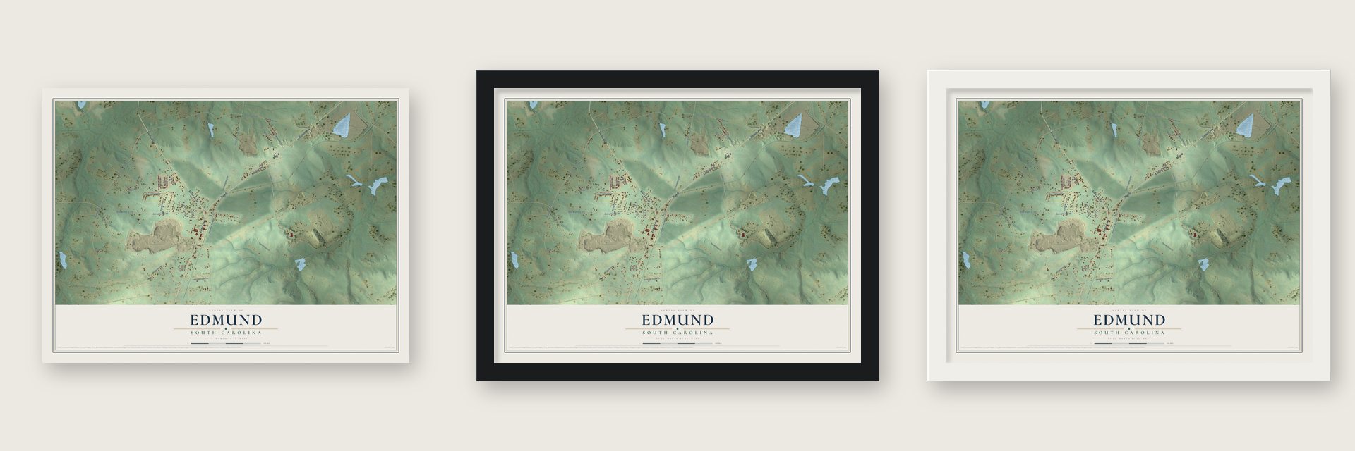 Edmund, South Carolina map unframed, in a black wood frame and in a white wood frame