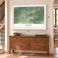 Edmund, South Carolina map, 24 x 36 inch print in a white frame above a dresser by a staircase