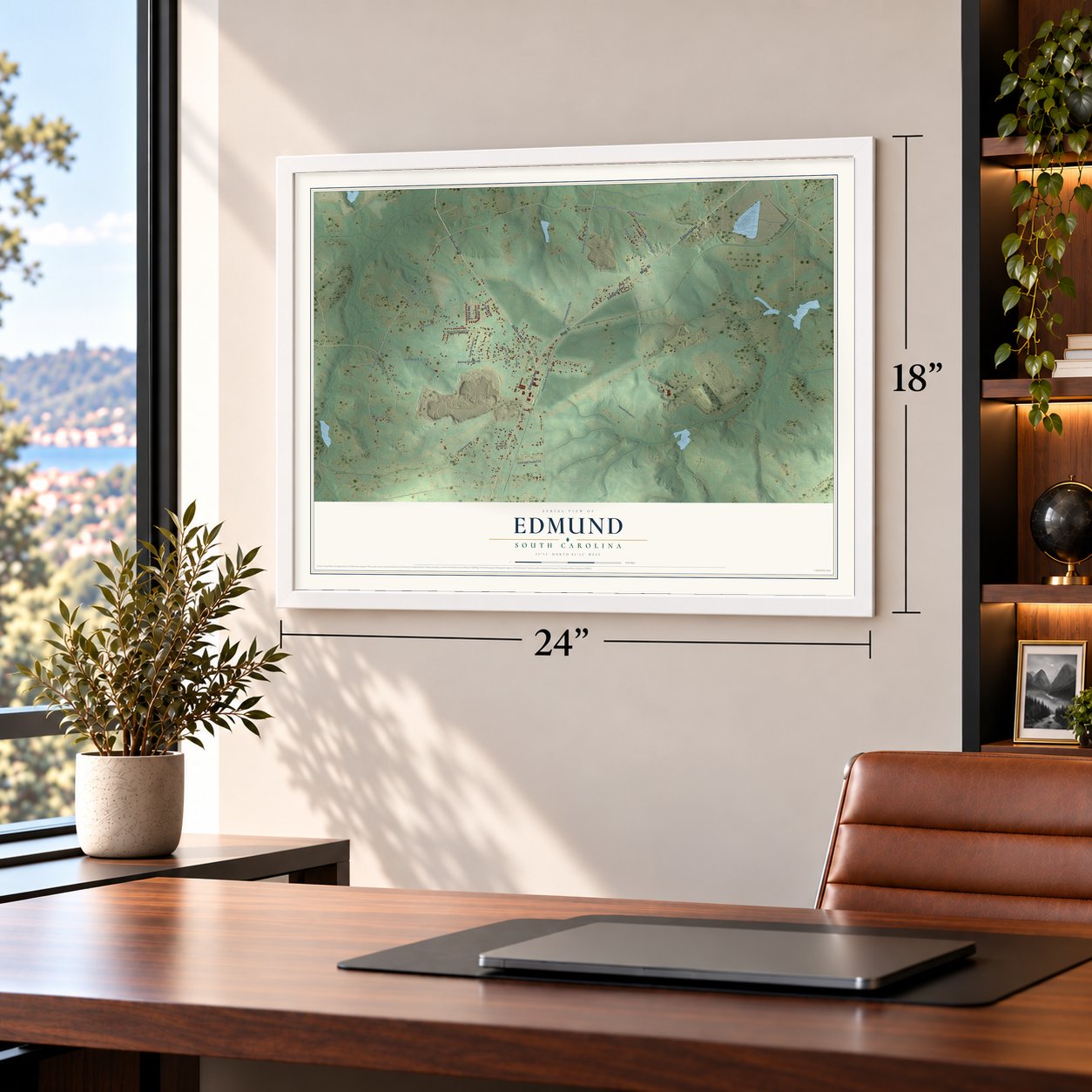 Edmund, South Carolina map, 18 x 24 inch print in a white frame in a home office