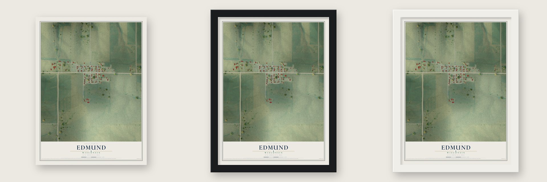 Edmund, Wisconsin map unframed, in a black wood frame and in a white wood frame