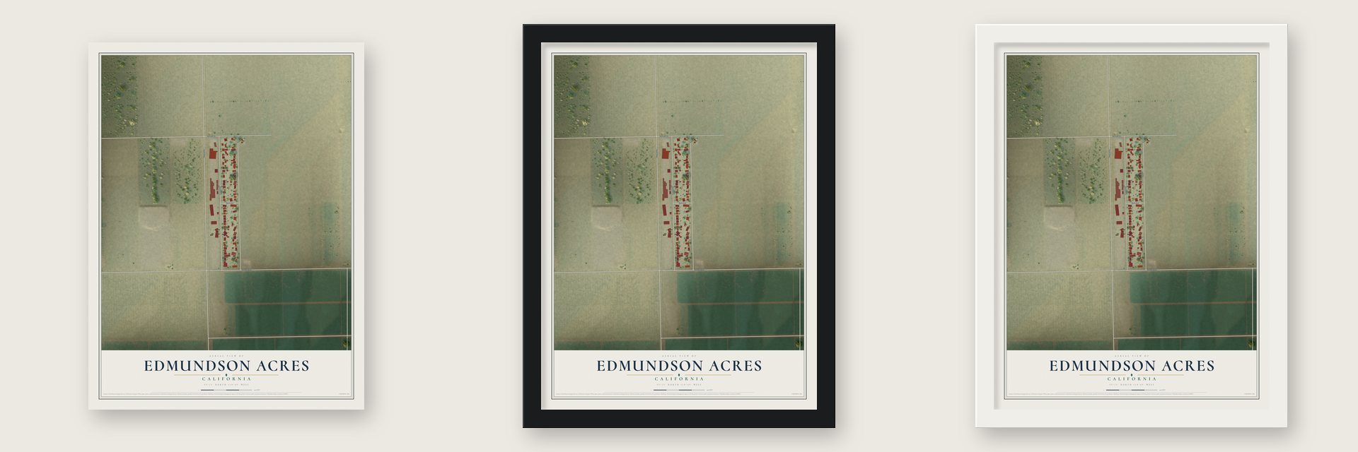 Edmundson Acres, California map unframed, in a black wood frame and in a white wood frame